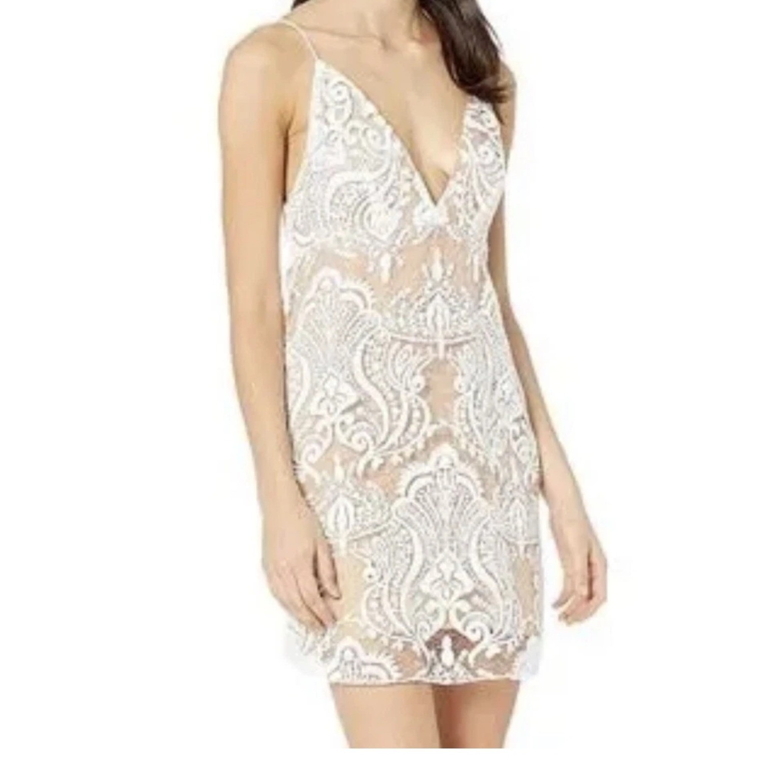 Free People Night Shimmer Mini Dress Nude Lining V-Neck Size 12 Lace Sequin Boho